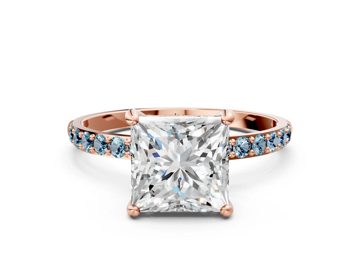 Rose gold Princess Cut Diamond Solitaire Ring with Round Aquamarine Pavé Band and Prong Setting