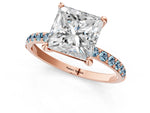 Rose gold Princess Cut Diamond Solitaire Ring with Round Aquamarine Pavé Band and Prong Setting_1