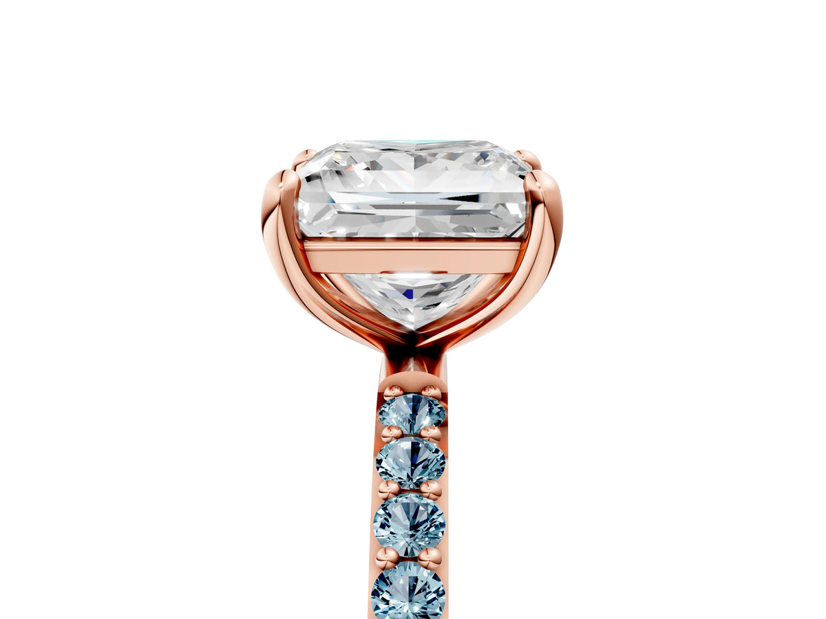 Rose gold Princess Cut Diamond Solitaire Ring with Round Aquamarine Pavé Band and Prong Setting_5