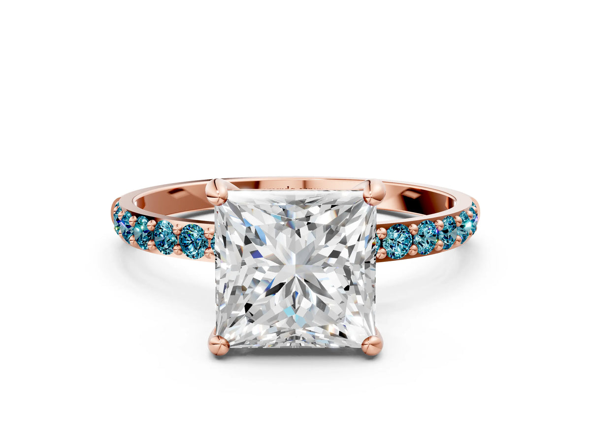 Rose gold Princess Cut Diamond Solitaire Ring with Round Blue Topaz Pavé Band and Prong Setting