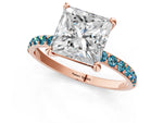 Rose gold Princess Cut Diamond Solitaire Ring with Round Blue Topaz Pavé Band and Prong Setting_1