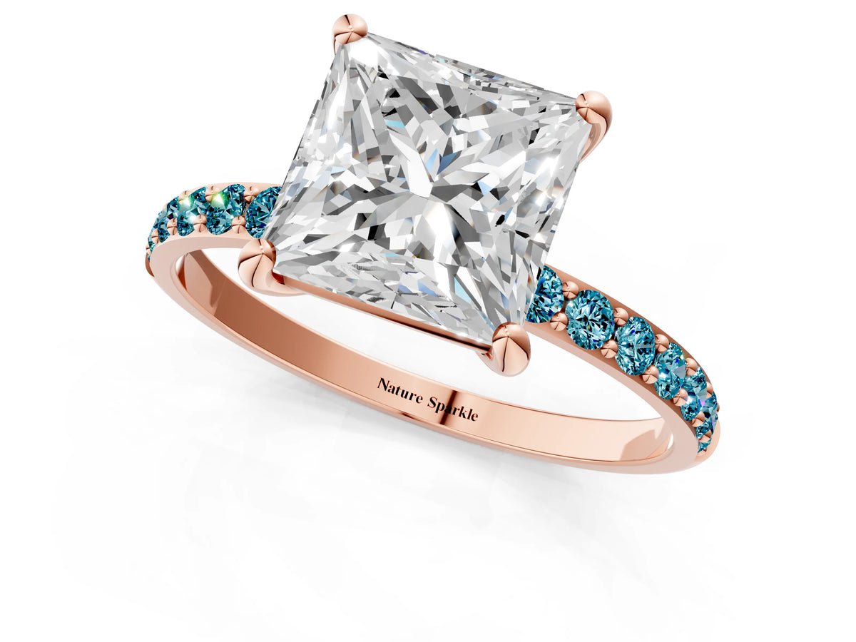 Rose gold Princess Cut Diamond Solitaire Ring with Round Blue Topaz Pavé Band and Prong Setting_1