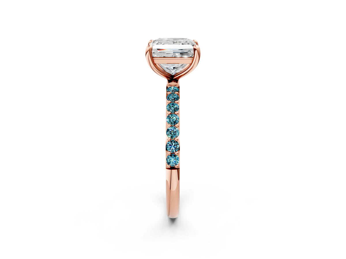 Rose gold Princess Cut Diamond Solitaire Ring with Round Blue Topaz Pavé Band and Prong Setting_2