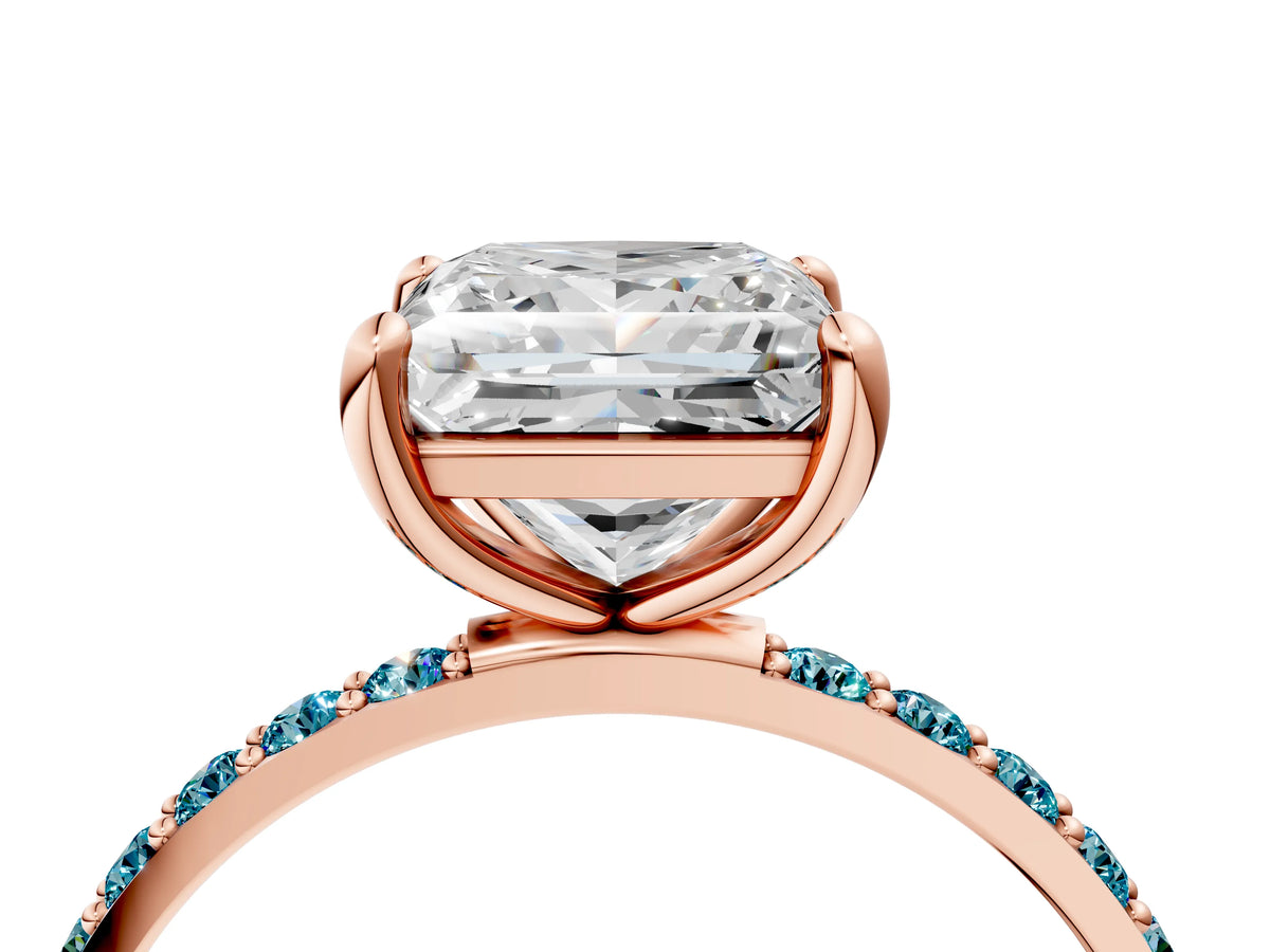 Rose gold Princess Cut Diamond Solitaire Ring with Round Blue Topaz Pavé Band and Prong Setting_4
