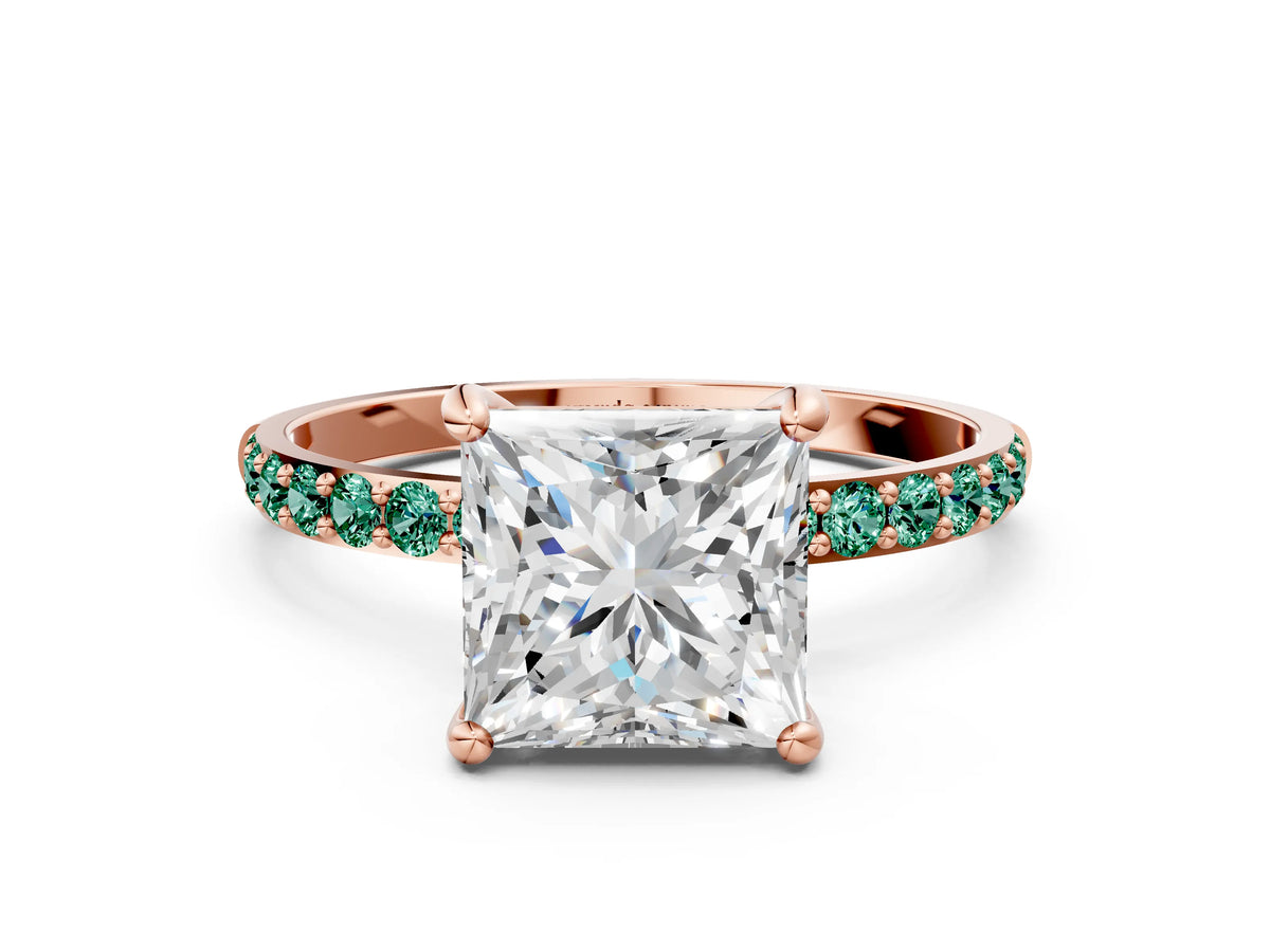 Rose gold Princess Cut Diamond Solitaire Ring with Round Green Sapphire Pavé Band and Prong Setting