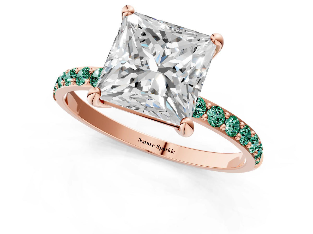 Rose gold Princess Cut Diamond Solitaire Ring with Round Green Sapphire Pavé Band and Prong Setting_1