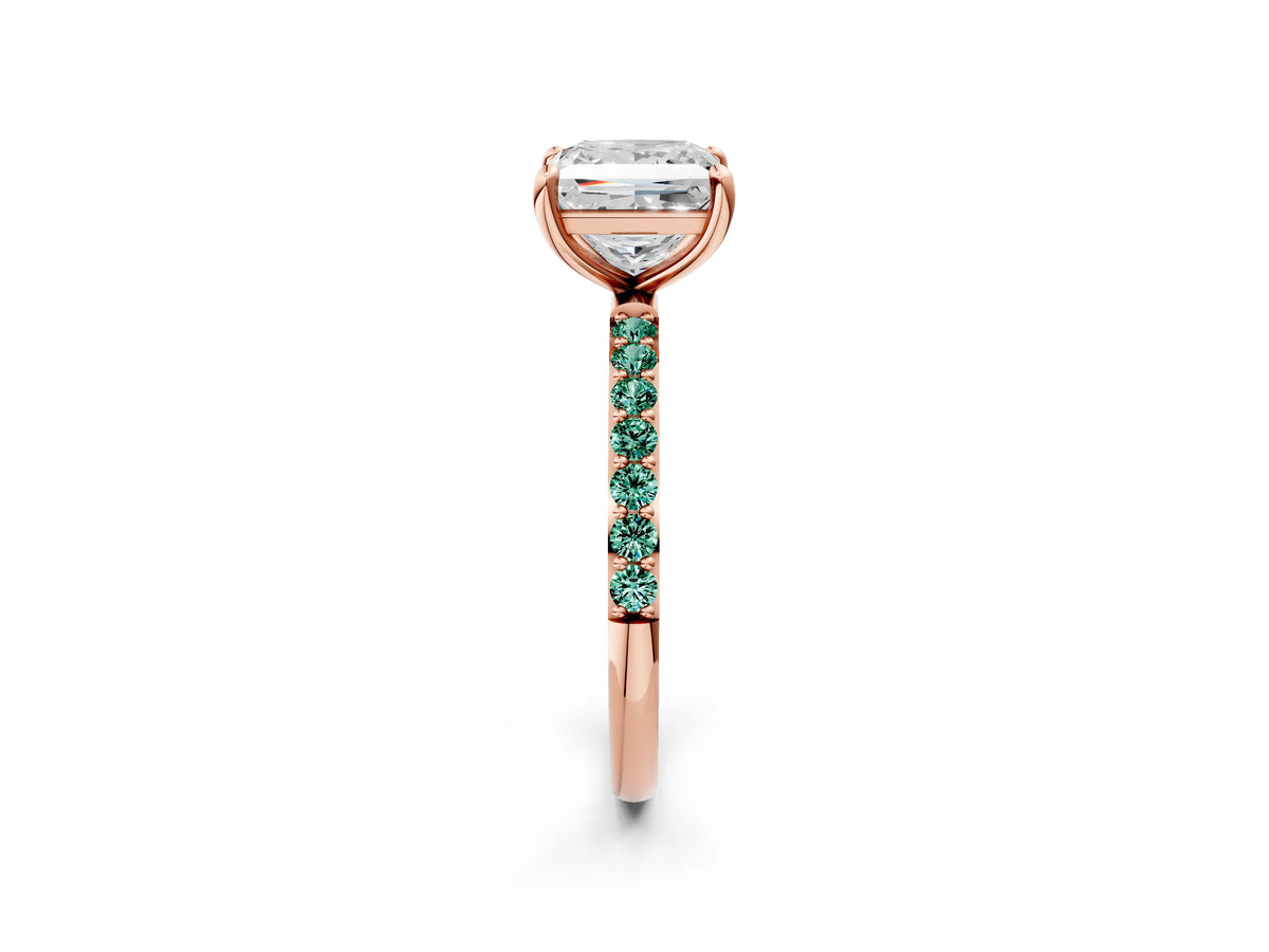 Rose gold Princess Cut Diamond Solitaire Ring with Round Green Sapphire Pavé Band and Prong Setting_2