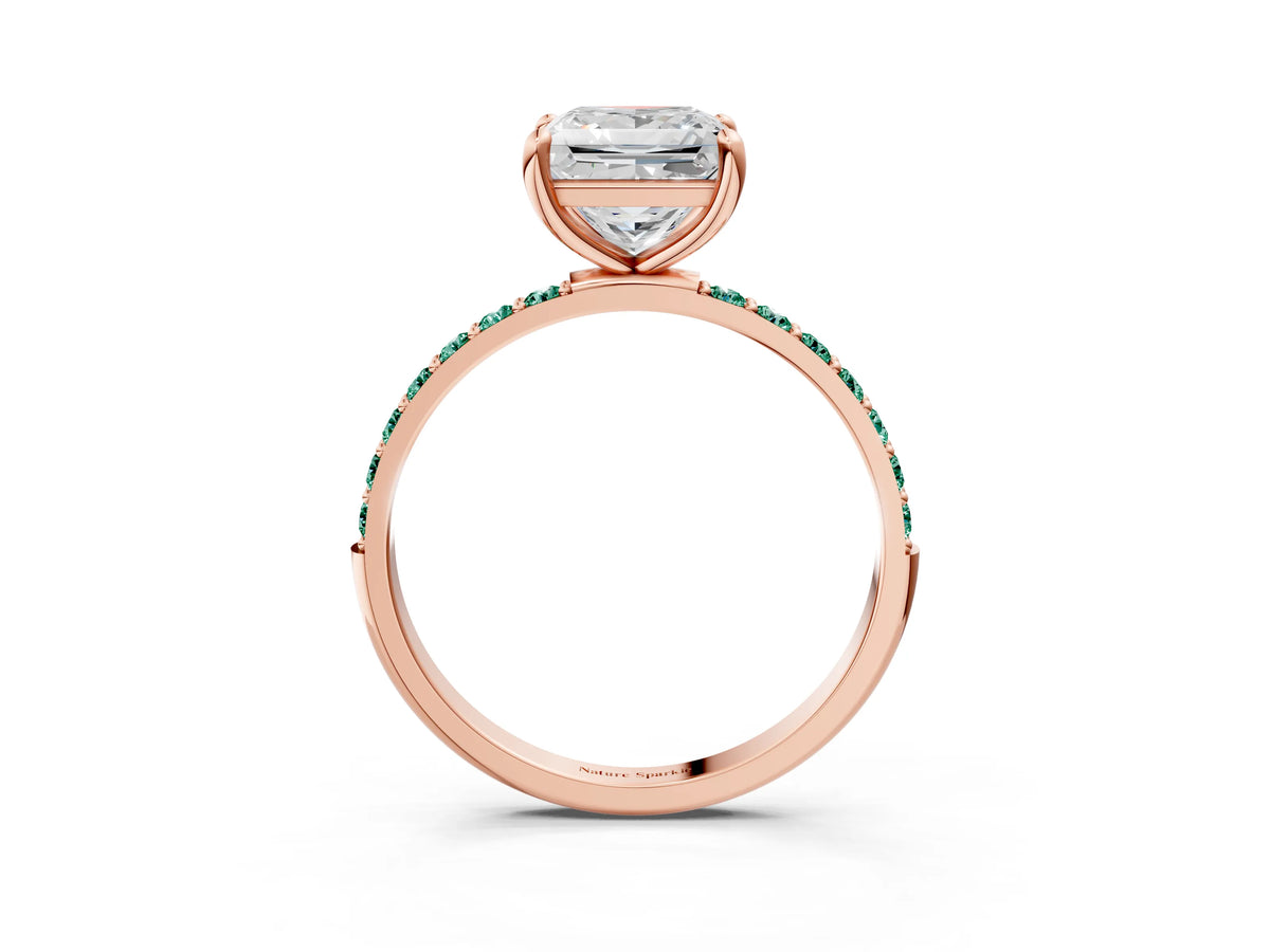 Rose gold Princess Cut Diamond Solitaire Ring with Round Green Sapphire Pavé Band and Prong Setting_3
