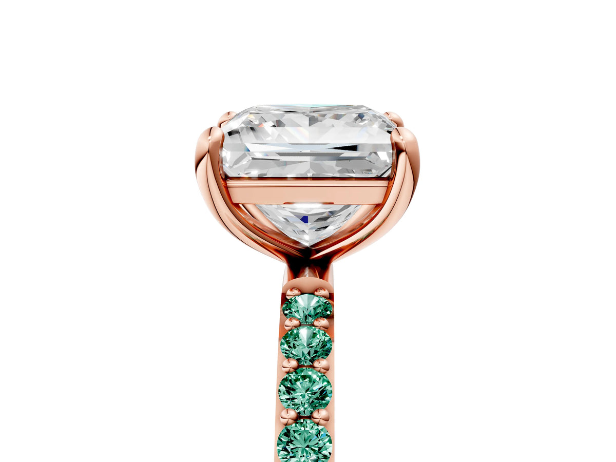 Rose gold Princess Cut Diamond Solitaire Ring with Round Green Sapphire Pavé Band and Prong Setting_5
