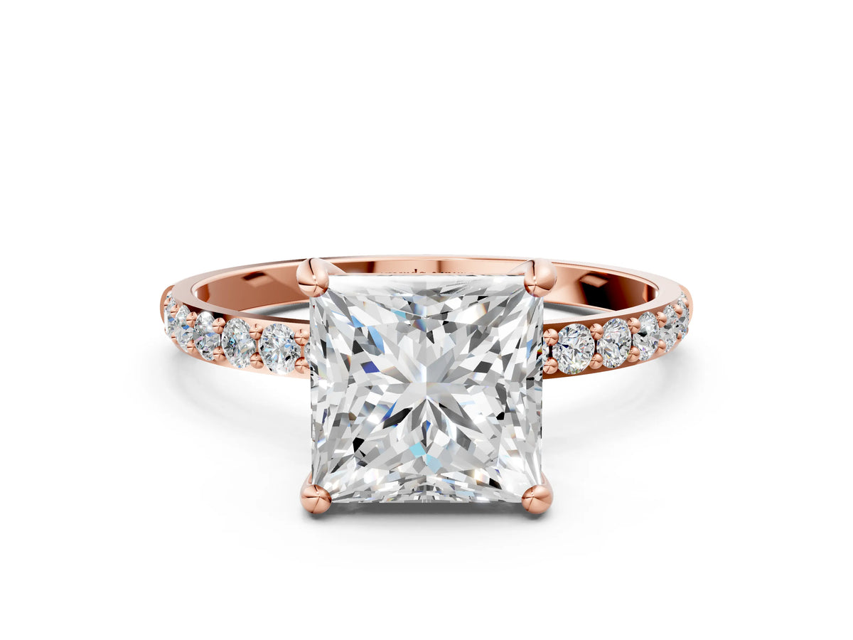 Rose gold Princess Cut Diamond Solitaire Ring with Round Moissanite Pavé Band and Prong Setting