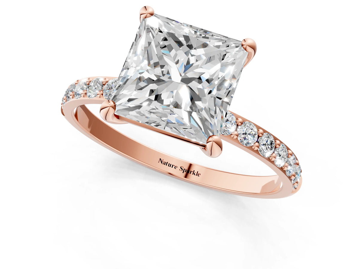 Rose gold Princess Cut Diamond Solitaire Ring with Round Moissanite Pavé Band and Prong Setting_1