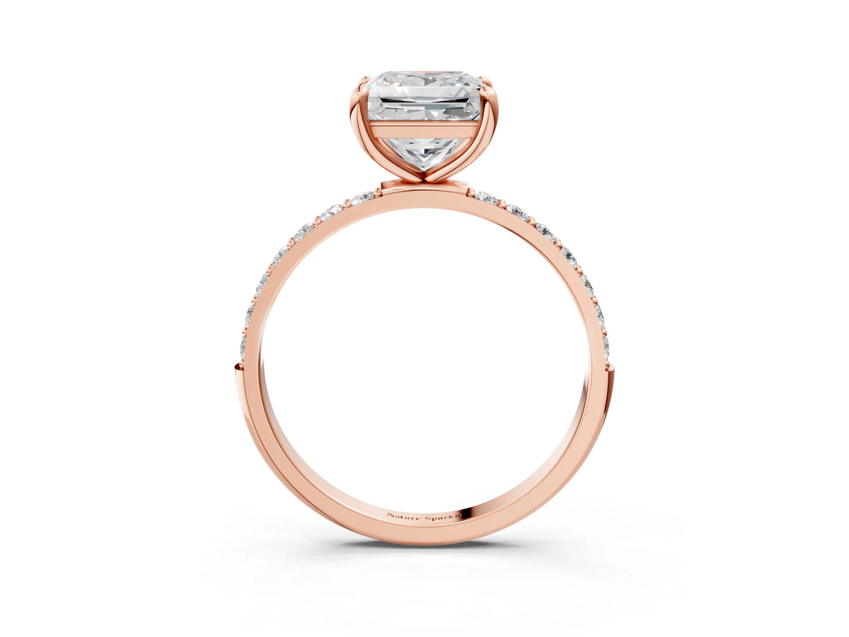 Rose gold Princess Cut Diamond Solitaire Ring with Round Moissanite Pavé Band and Prong Setting_3