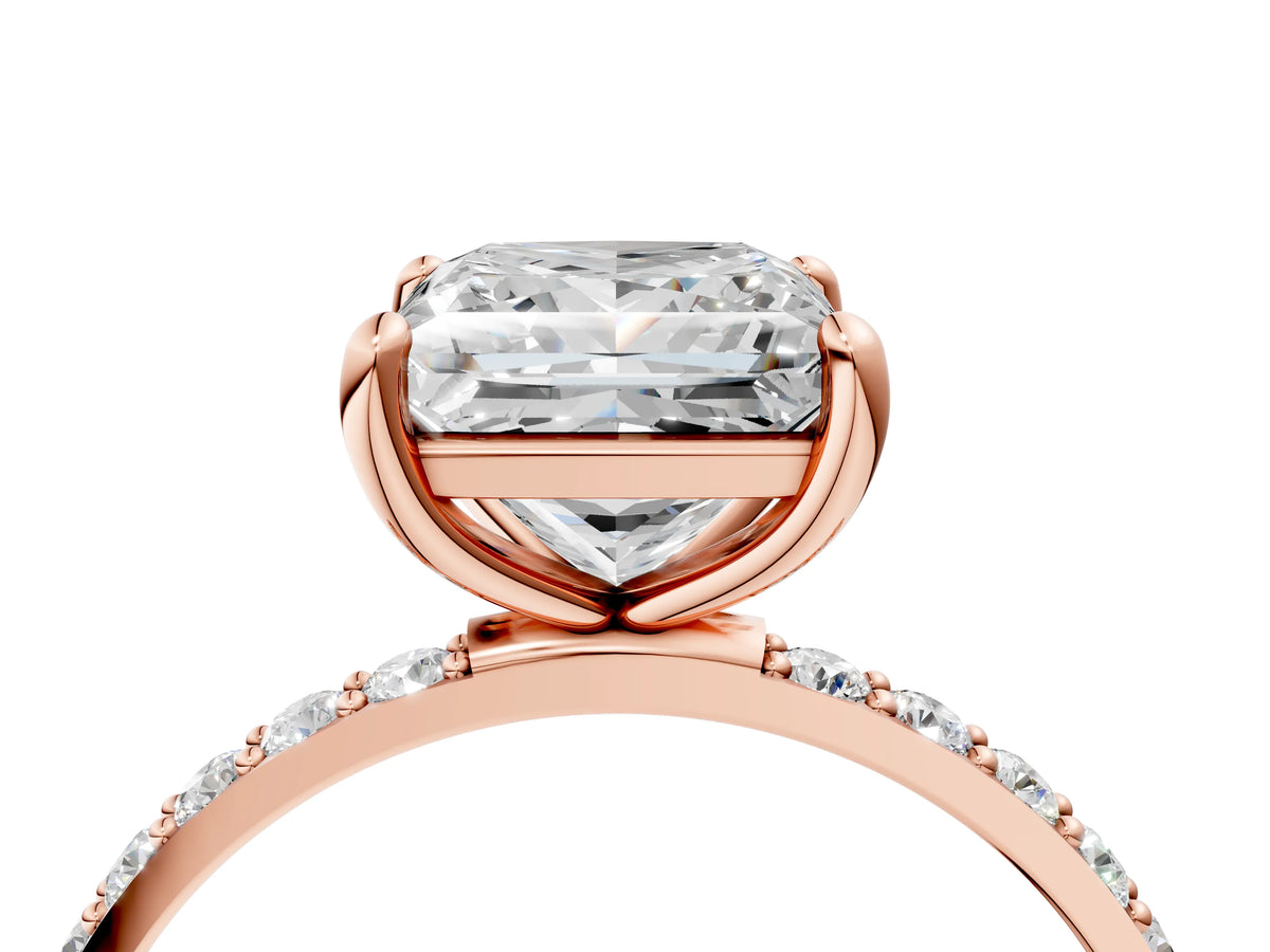 Rose gold Princess Cut Diamond Solitaire Ring with Round Moissanite Pavé Band and Prong Setting_4