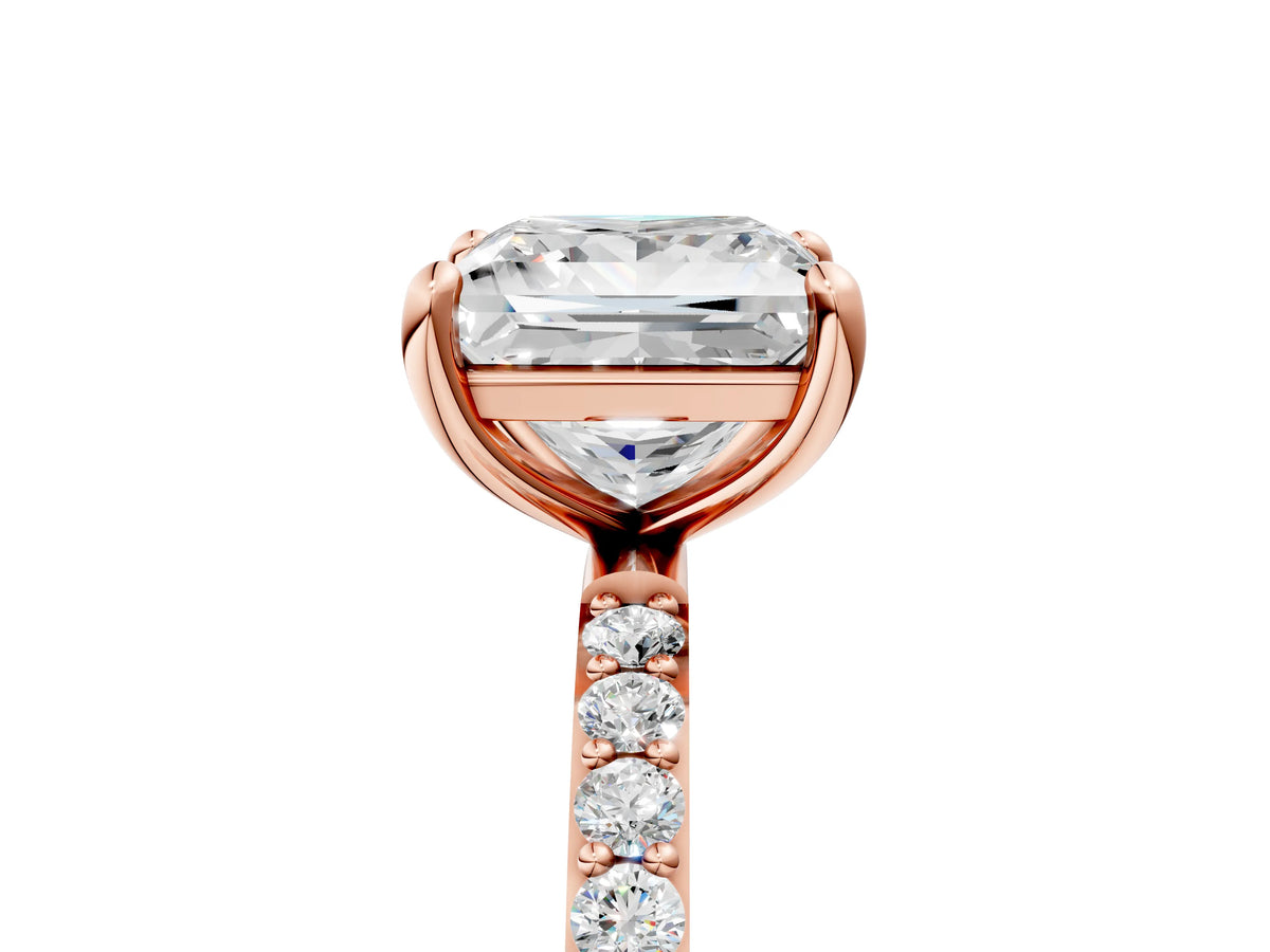 Rose gold Princess Cut Diamond Solitaire Ring with Round Moissanite Pavé Band and Prong Setting_5