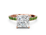 Rose gold Princess Cut Diamond Solitaire Ring with Round Peridot Pavé Band and Prong Setting