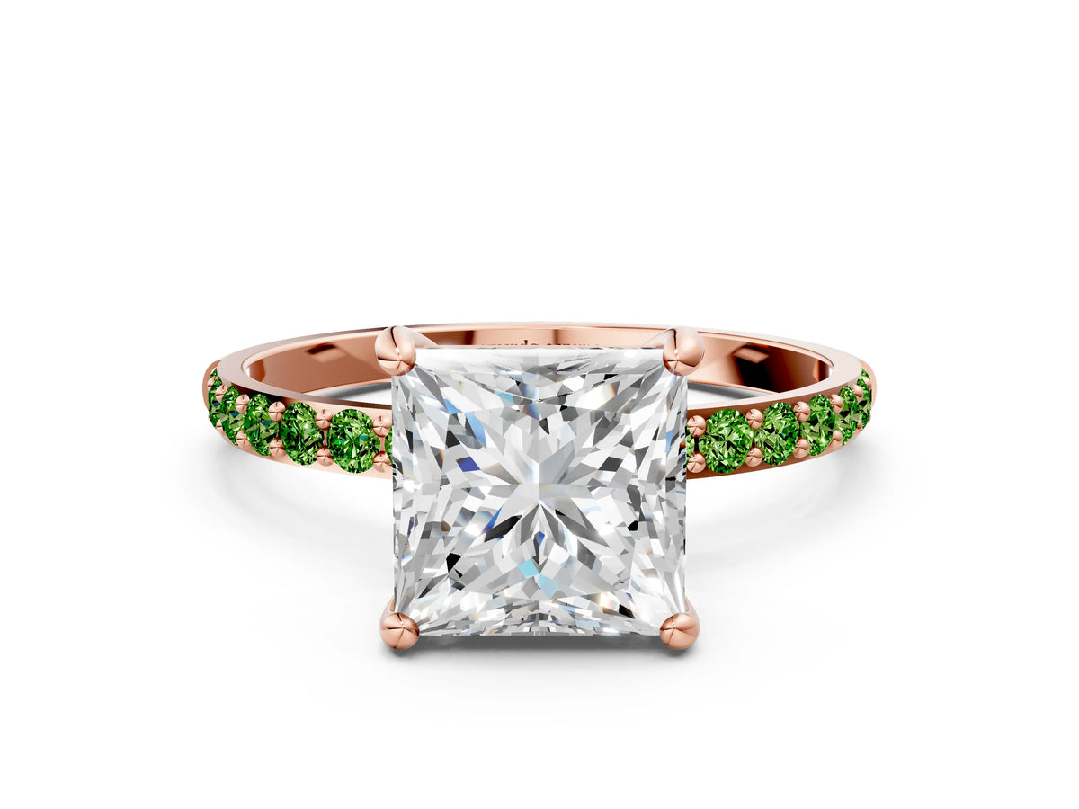 Rose gold Princess Cut Diamond Solitaire Ring with Round Peridot Pavé Band and Prong Setting