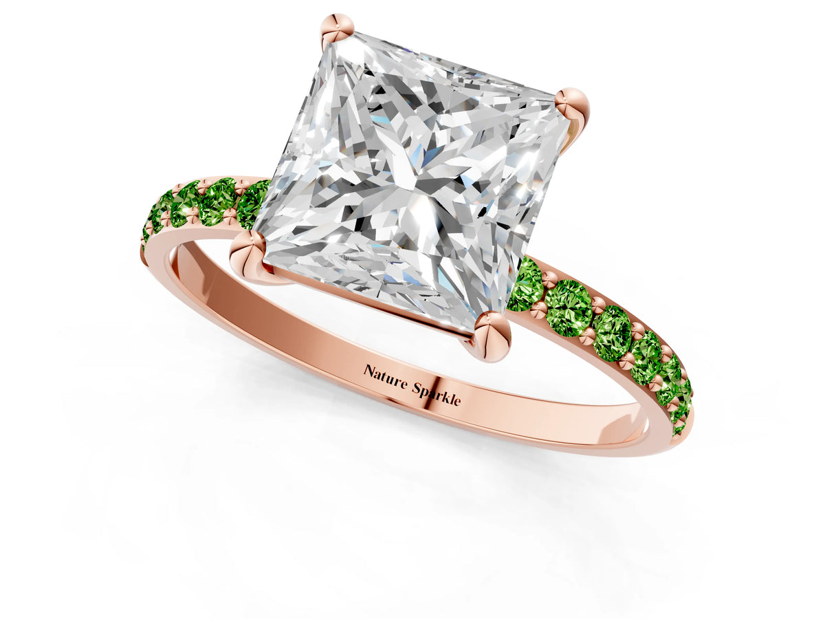 Rose gold Princess Cut Diamond Solitaire Ring with Round Peridot Pavé Band and Prong Setting_1