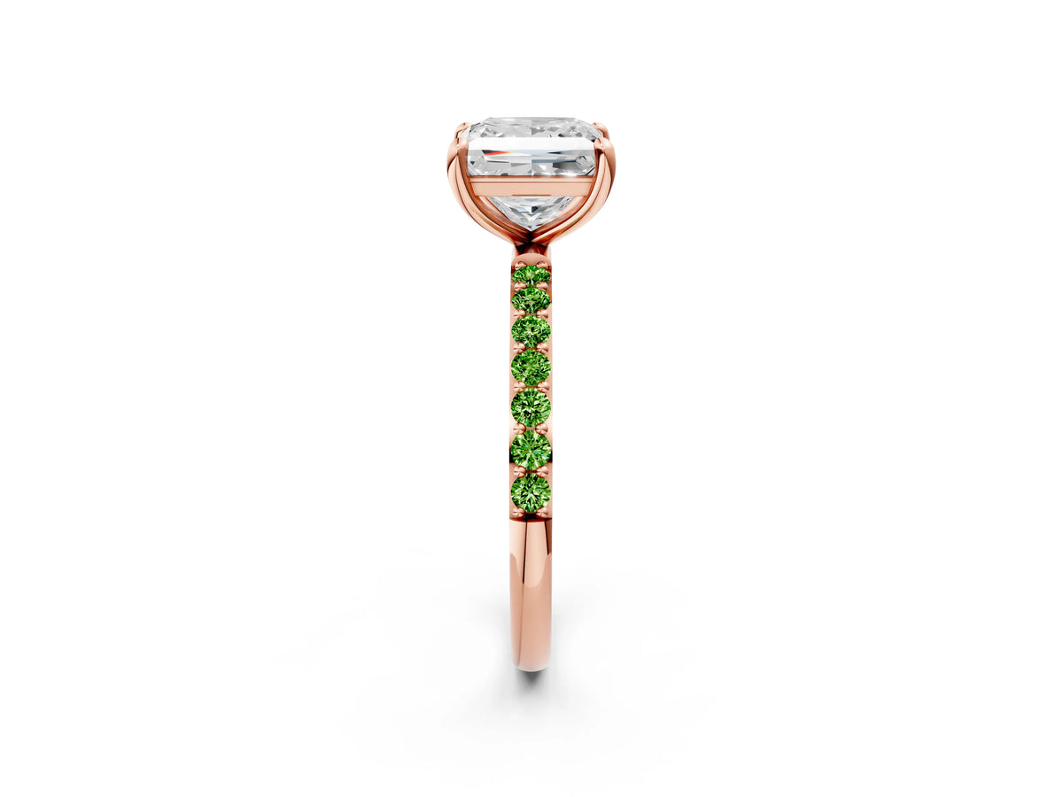Rose gold Princess Cut Diamond Solitaire Ring with Round Peridot Pavé Band and Prong Setting_2