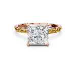 Rose gold Princess Cut Diamond Solitaire Ring with Round Yellow Sapphire Pavé Band and Prong Setting