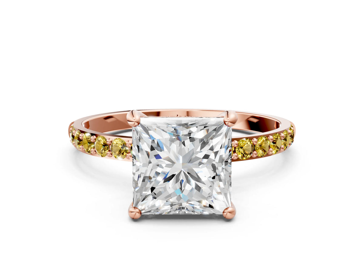 Rose gold Princess Cut Diamond Solitaire Ring with Round Yellow Sapphire Pavé Band and Prong Setting