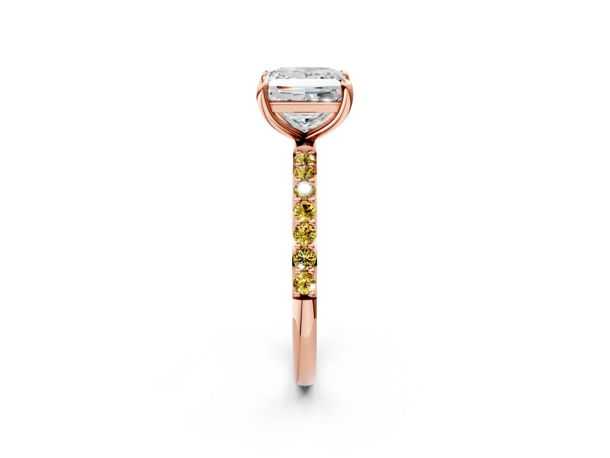 Rose gold Princess Cut Diamond Solitaire Ring with Round Yellow Sapphire Pavé Band and Prong Setting_2