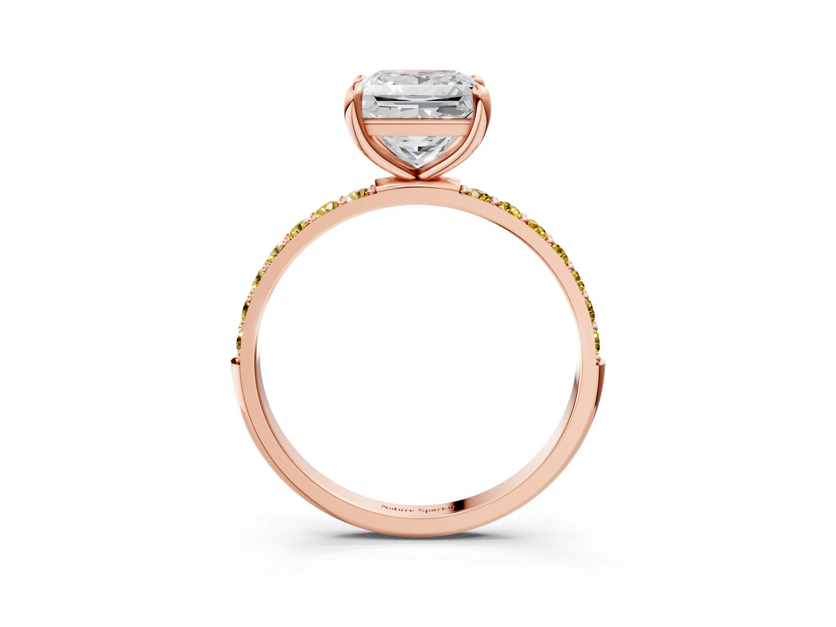 Rose gold Princess Cut Diamond Solitaire Ring with Round Yellow Sapphire Pavé Band and Prong Setting_3