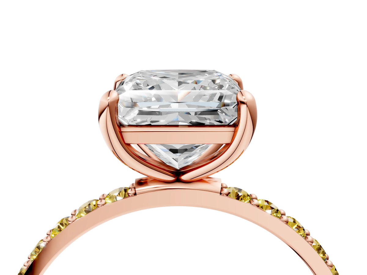 Rose gold Princess Cut Diamond Solitaire Ring with Round Yellow Sapphire Pavé Band and Prong Setting_4