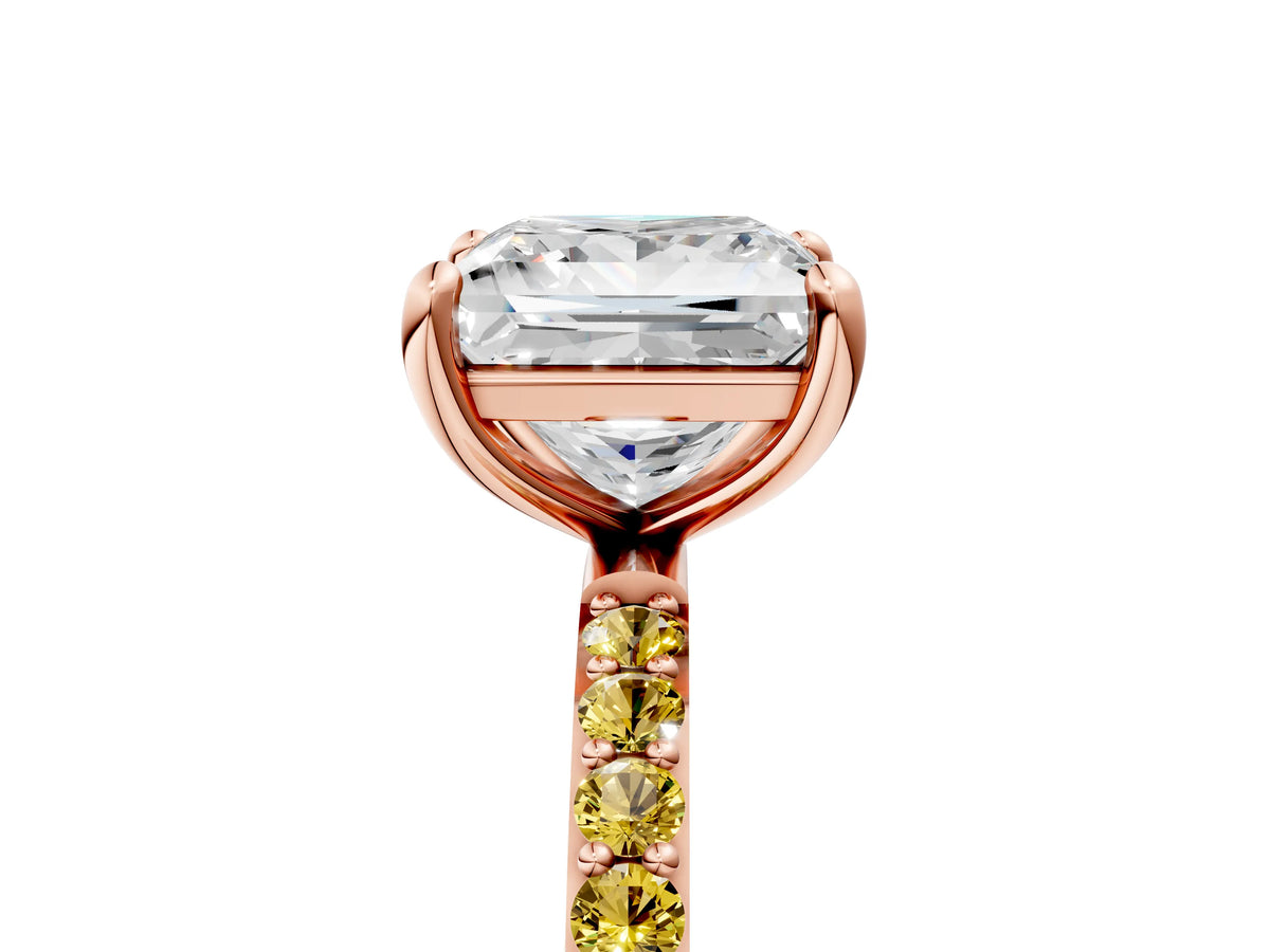 Rose gold Princess Cut Diamond Solitaire Ring with Round Yellow Sapphire Pavé Band and Prong Setting_5