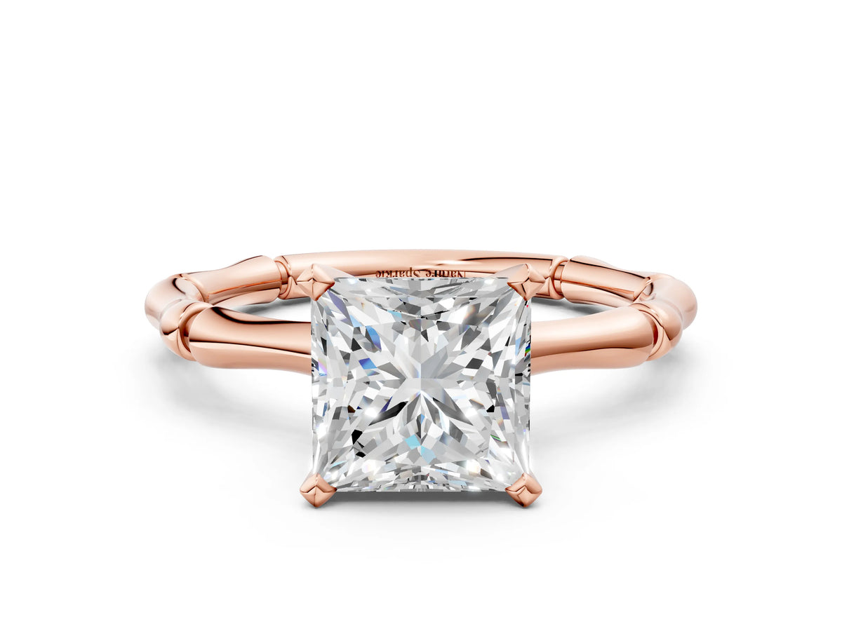 Rose gold Princess Cut Solitaire Diamond Ring with Bamboo Band and Four-Prong Setting