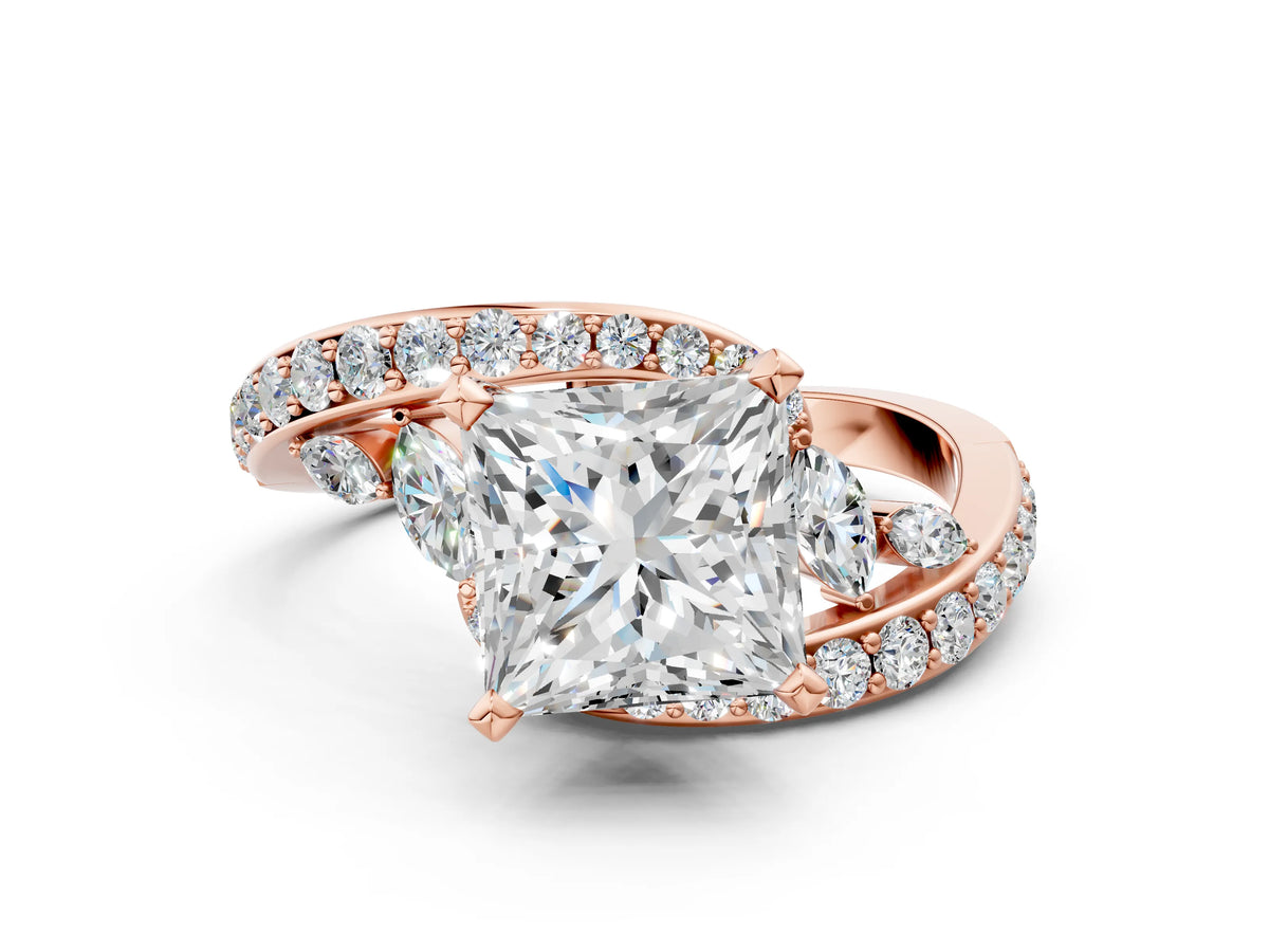 Rose gold Princess Cut Solitaire with Pavé Twist Band and Four-Prong Setting