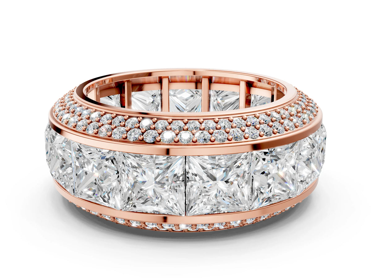Rose gold Princess Diamond Pavé Mens Wedding Band with Round Diamond Accents