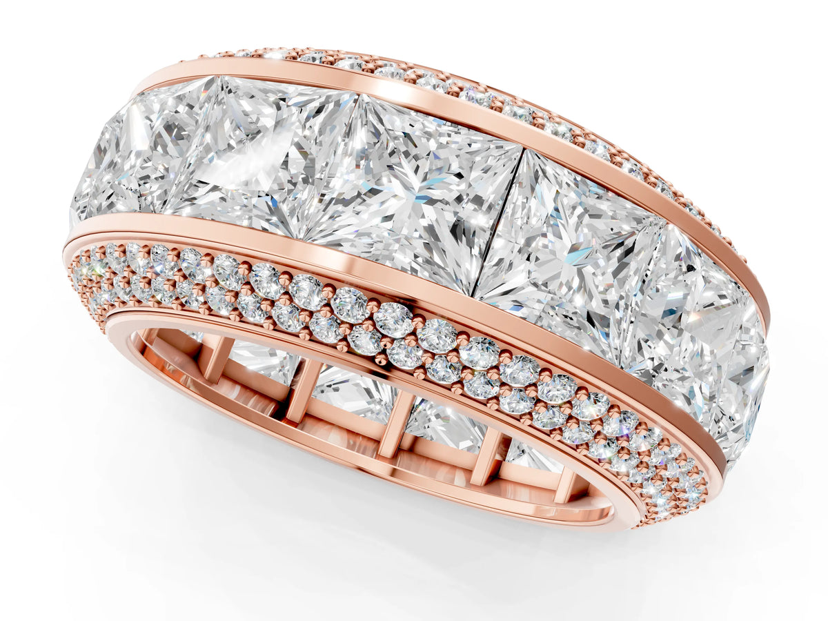 Rose gold Princess Diamond Pavé Mens Wedding Band with Round Diamond Accents_1