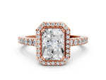 Rose gold Radiant Cut Cut Diamond Halo Engagement Ring with Milgrain Detail and Pavé Band