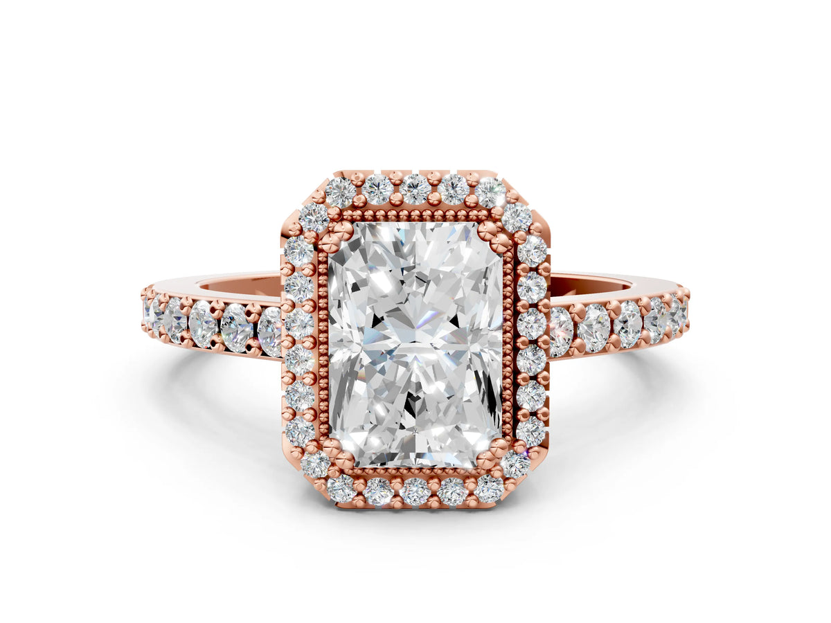 Rose gold Radiant Cut Cut Diamond Halo Engagement Ring with Milgrain Detail and Pavé Band