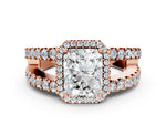 Rose gold Radiant Cut Cut Halo Split Shank Diamond Ring with Four-Prong Setting