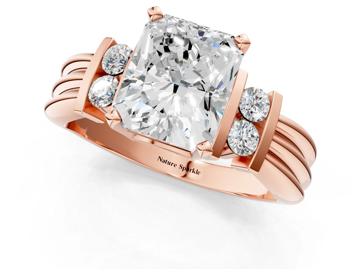 Rose gold Radiant Cut Cut Three-Stone Channel Set Ring with Bar Prongs_1