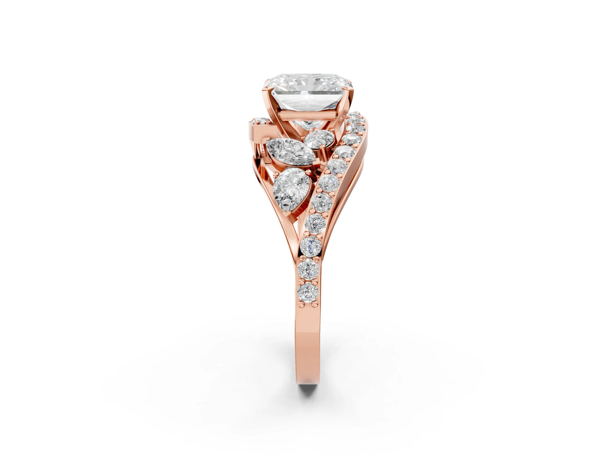 Rose gold Radiant Cut Diamond Halo Ring with Marquise and Pavé Band in Prong Setting_2