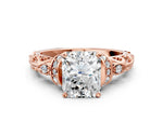 Rose gold Radiant Cut Diamond Solitaire Ring with Filigree Band and Four-Prong Setting