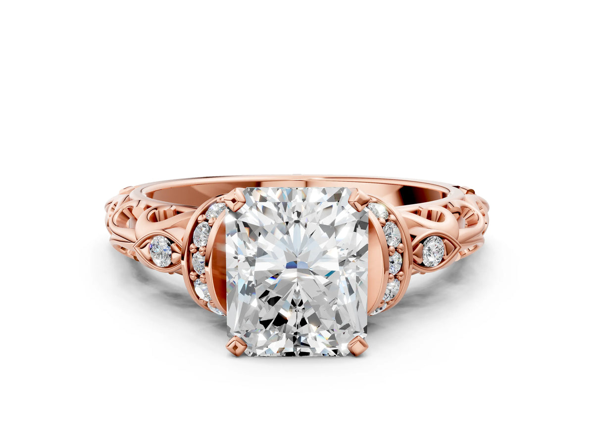 Rose gold Radiant Cut Diamond Solitaire Ring with Filigree Band and Four-Prong Setting