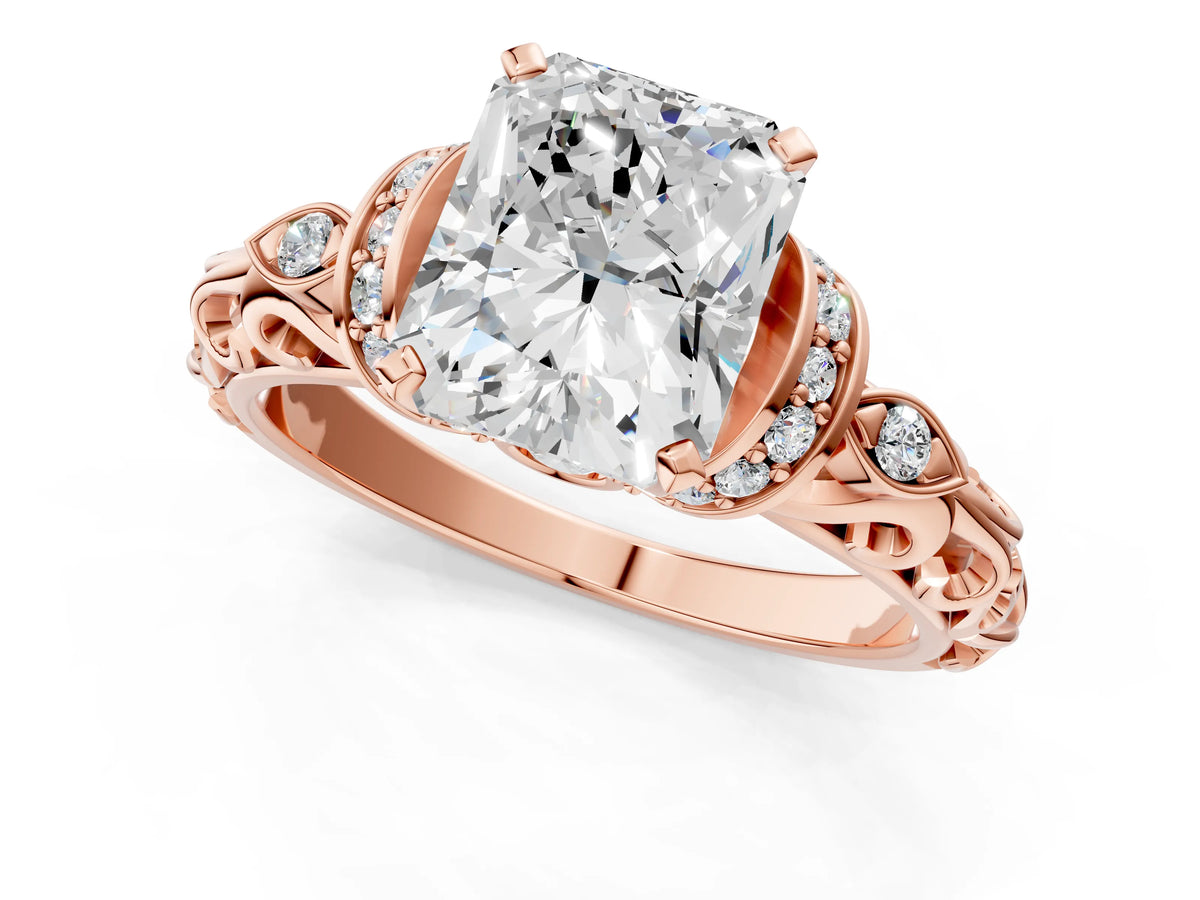 Rose gold Radiant Cut Diamond Solitaire Ring with Filigree Band and Four-Prong Setting_1