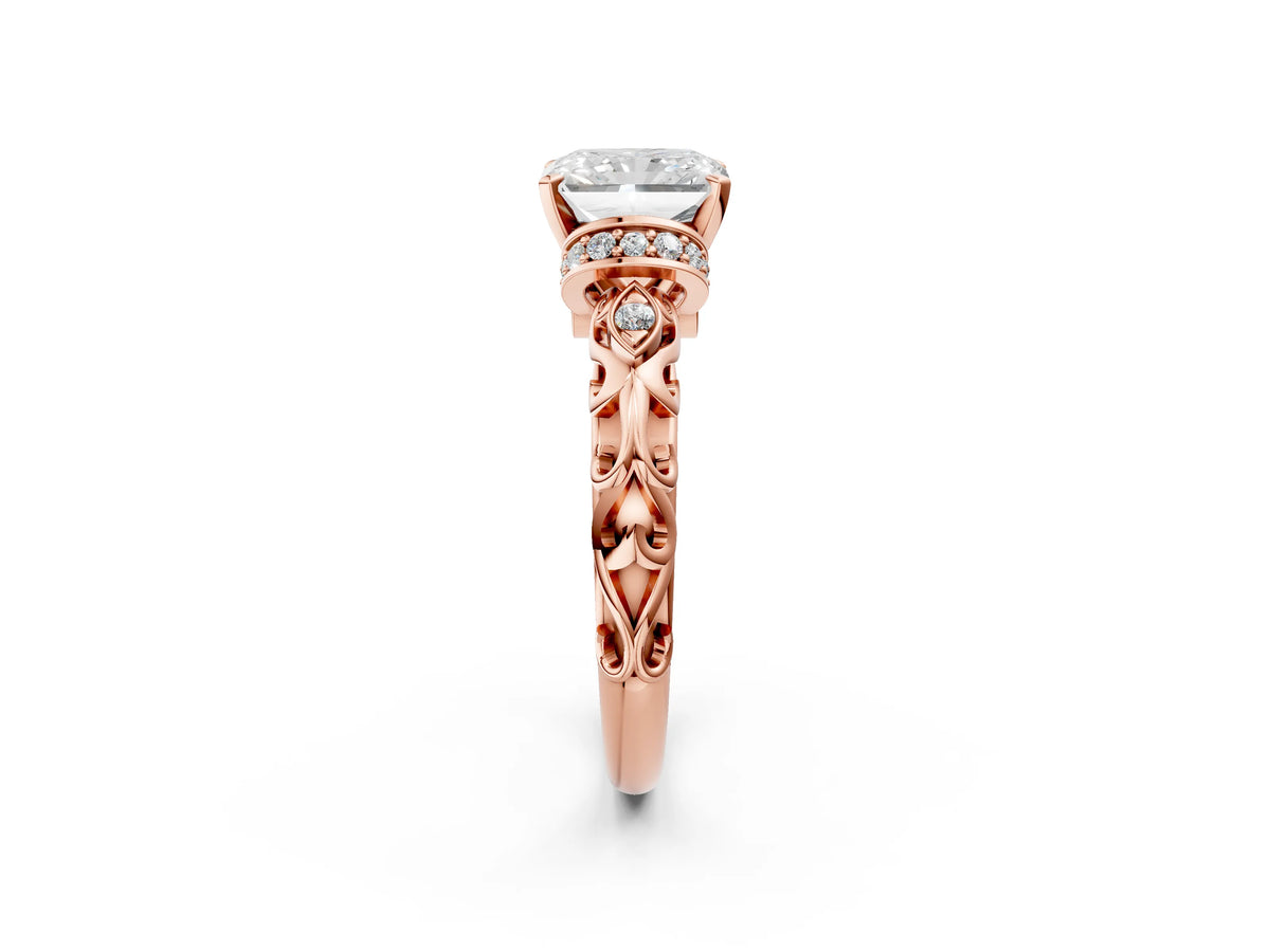 Rose gold Radiant Cut Diamond Solitaire Ring with Filigree Band and Four-Prong Setting_2