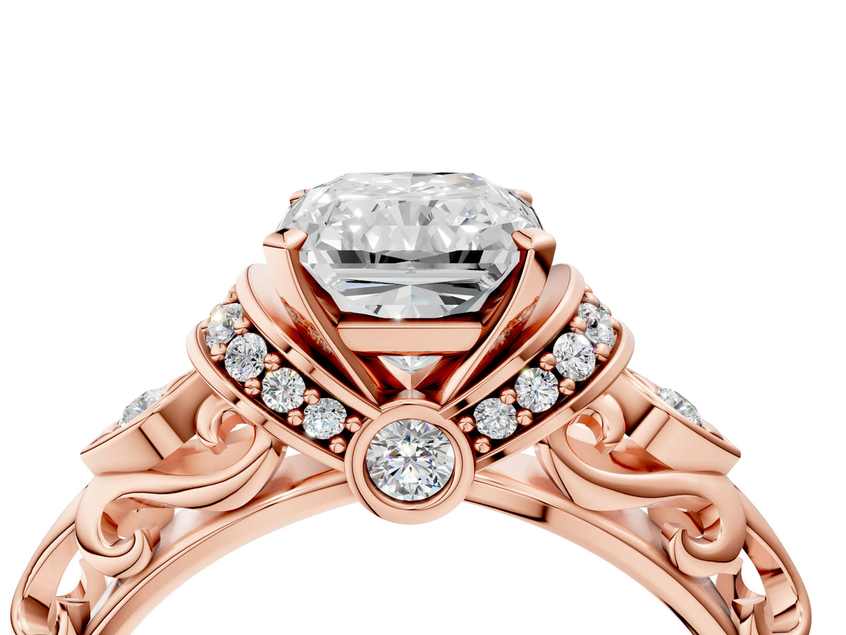 Rose gold Radiant Cut Diamond Solitaire Ring with Filigree Band and Four-Prong Setting_4