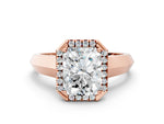 Rose gold Radiant Cut Halo Diamond Ring with Cathedral Band and Four-Prong Setting