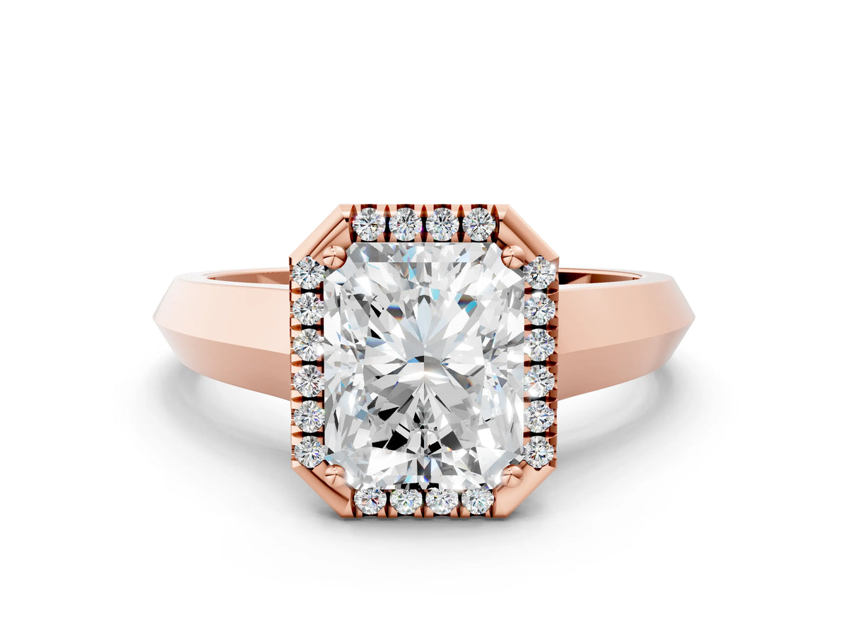Rose gold Radiant Cut Halo Diamond Ring with Cathedral Band and Four-Prong Setting