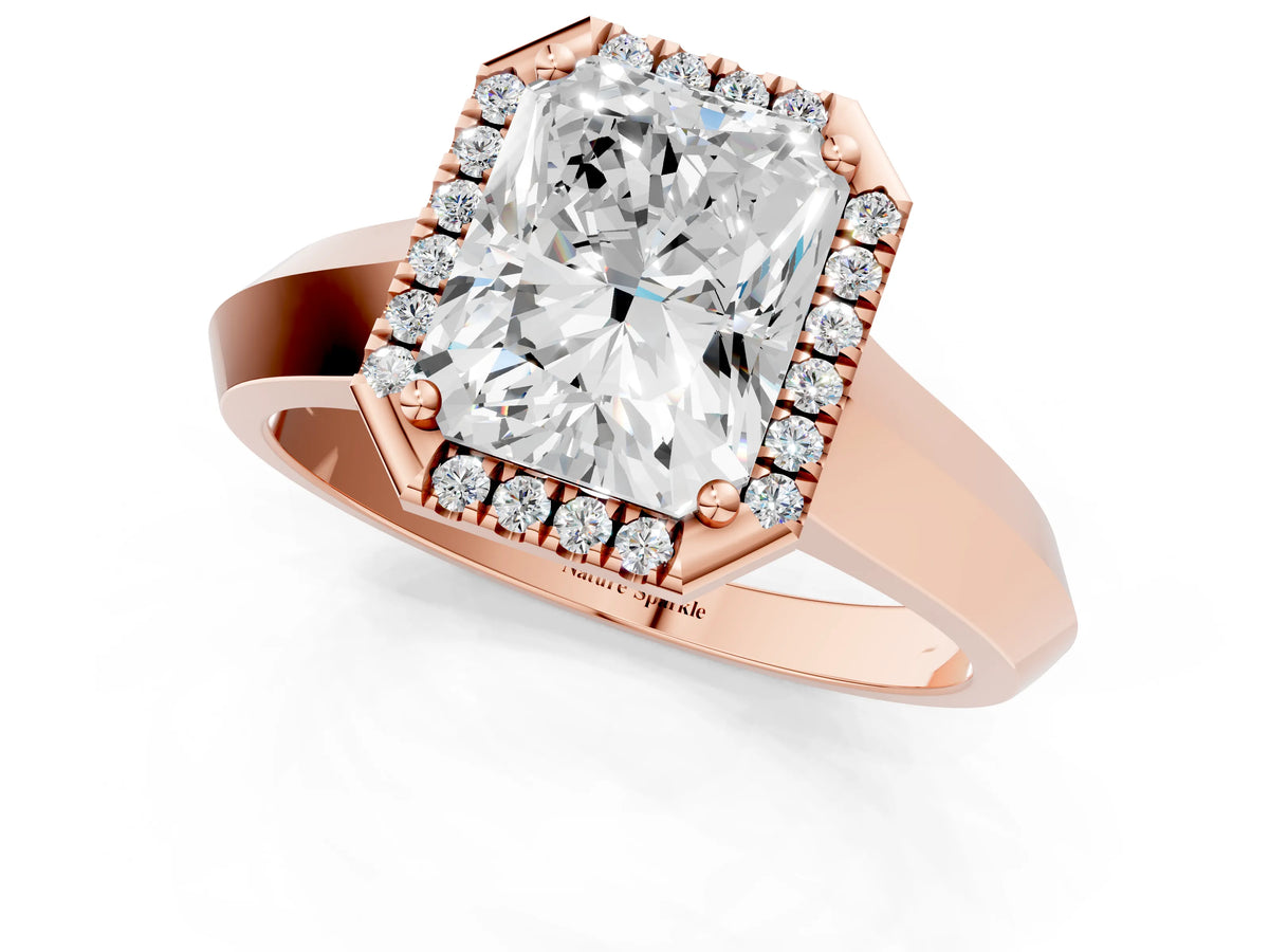 Rose gold Radiant Cut Halo Diamond Ring with Cathedral Band and Four-Prong Setting_1