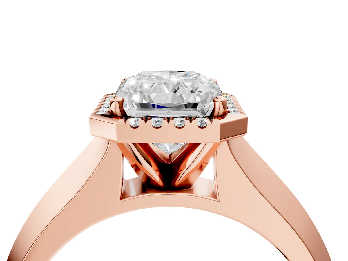 Rose gold Radiant Cut Halo Diamond Ring with Cathedral Band and Four-Prong Setting_4
