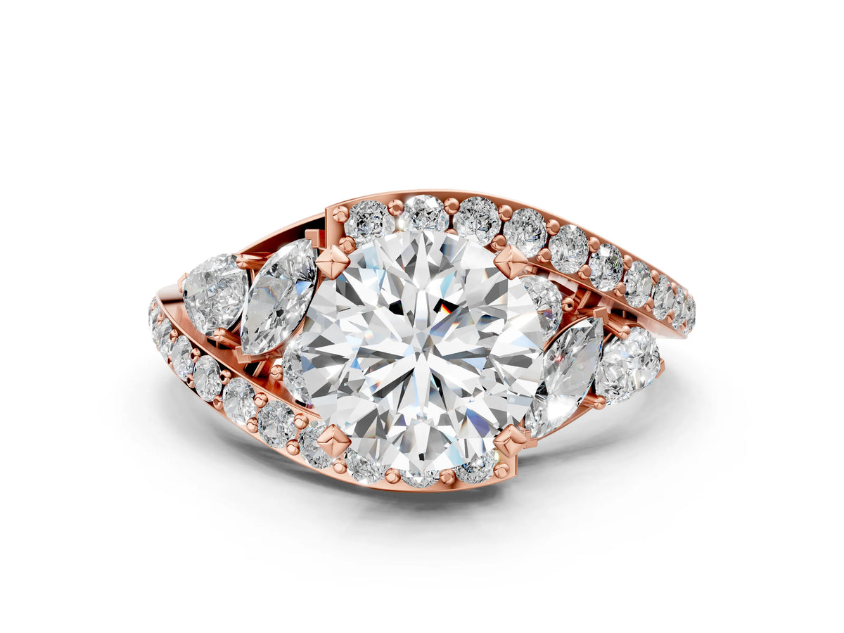 Rose gold Round Cut Diamond Halo Ring with Marquise and Pavé Band in Prong Setting