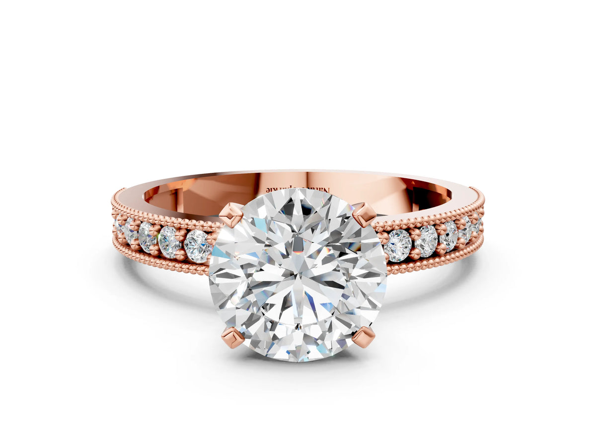 Rose gold Round Cut Diamond Milgrain Pavé Engagement Ring with Four-Prong Setting