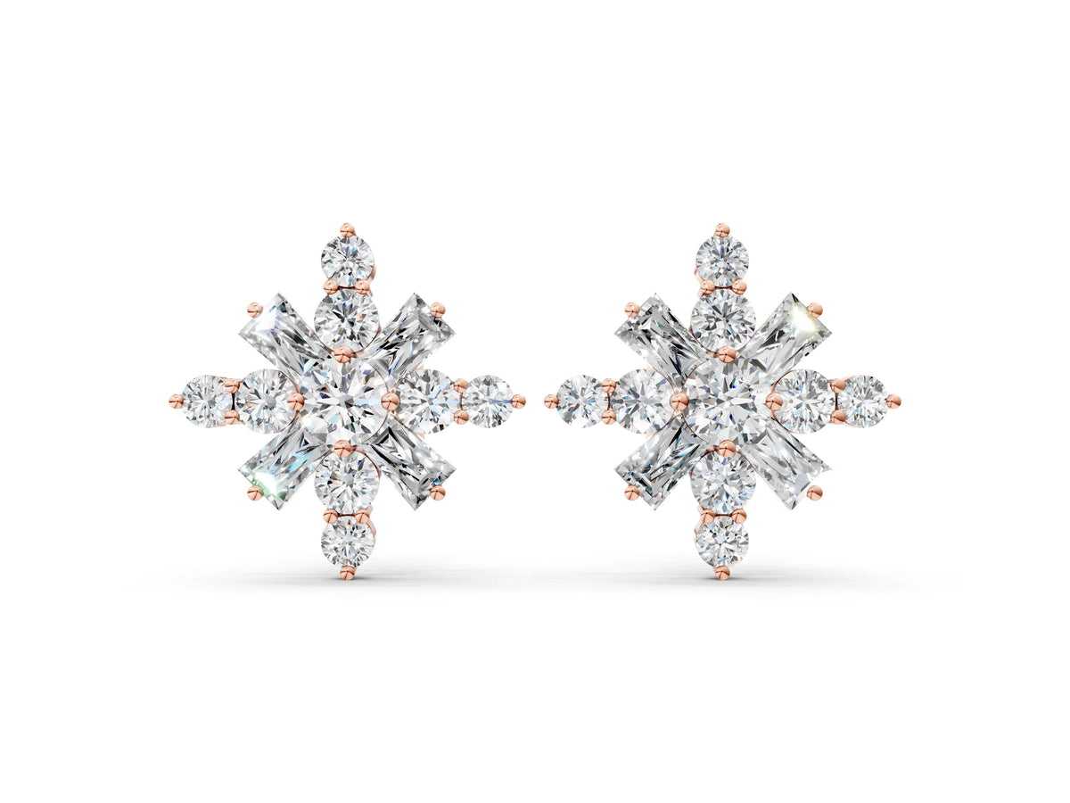 Rose gold Round Cut Diamond Snowflake Cluster Stud Earrings