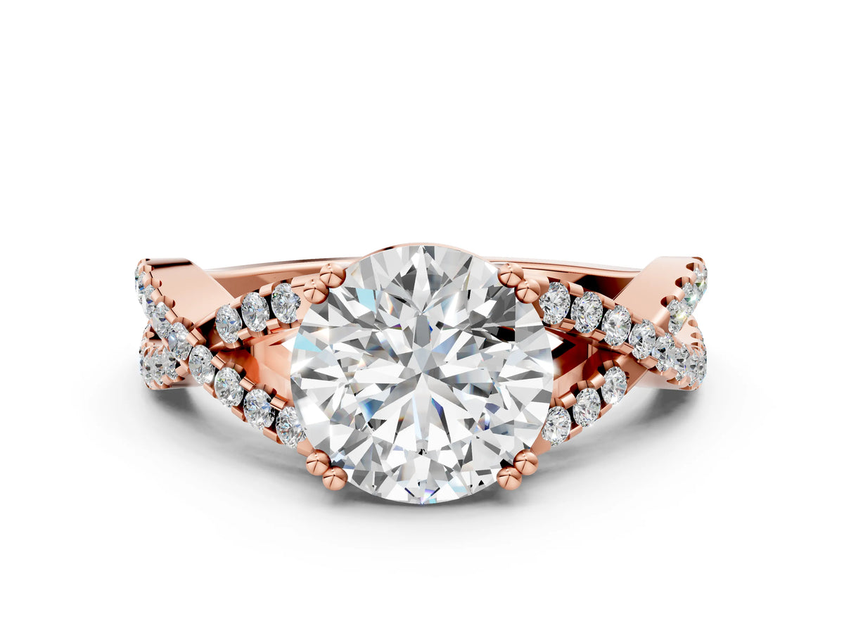 Rose gold Round Cut Diamond Solitaire Ring with Four-Prong Setting and Twisted Pavé Band